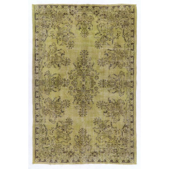 Green Overdyed Rug. Floral Garden Design Handmade Vintage Turkish Carpet. 6.6 x 10.2 Ft (200 x 310 cm)