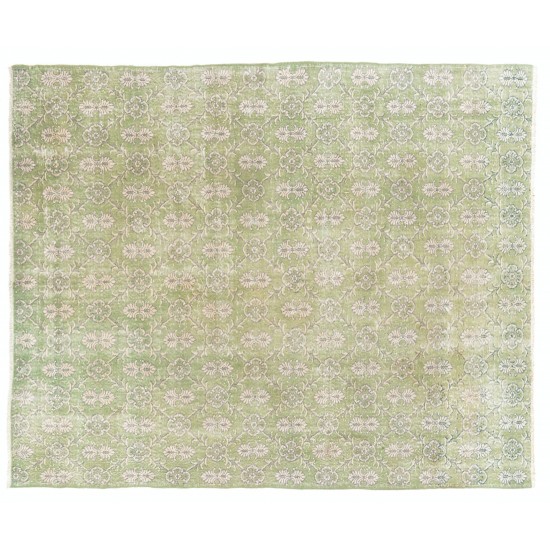 Green Overdyed Rug. Floral Patterned Hand-Knotted Vintage Turkish Carpet. 7.5 x 9 Ft (228 x 273 cm)