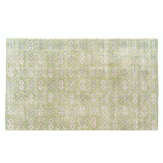 Green Overdyed Rug. Floral Patterned Hand-Knotted Vintage Turkish Carpet. 7.5 x 9 Ft (228 x 273 cm)