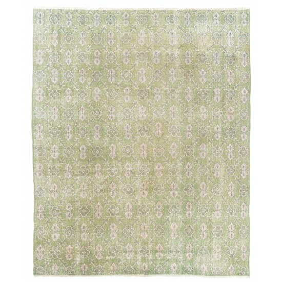 Green Overdyed Rug. Floral Patterned Hand-Knotted Vintage Turkish Carpet. 7.5 x 9 Ft (228 x 273 cm)