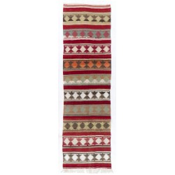 Striped & Geometric Pattern Handwoven Kilim Runner. Turkish Wool Hallway Runner. 3.4 x 10.8 Ft (102 x 328 cm)