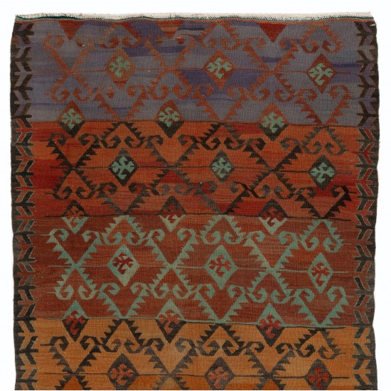 Double Sided Vintage Handmade Kilim from Turkey, Geometric Pattern Wool Rug. 3.6 x 7.3 Ft (108 x 220 cm)