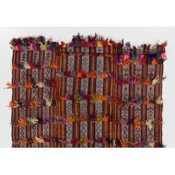 Handmade Vintage Turkish Village Kilim (Flat-weave) with Wool & Cotton Poms. 3.7 x 5.2 Ft (110 x 157 cm)