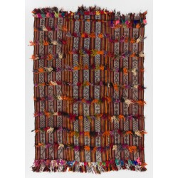 Handmade Vintage Turkish Village Kilim (Flat-weave) with Wool & Cotton Poms. 3.7 x 5.2 Ft (110 x 157 cm)
