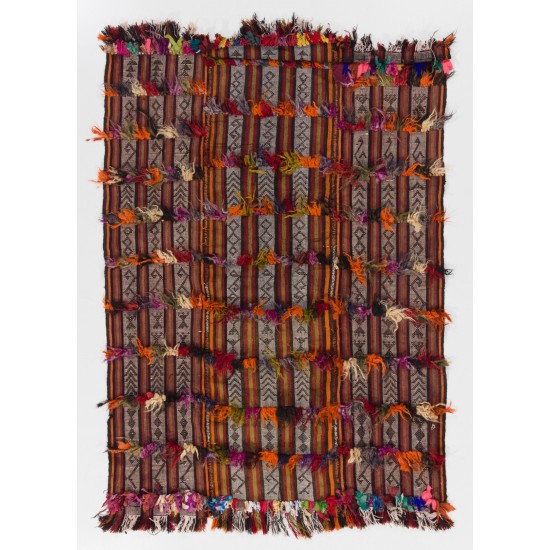Handmade Vintage Turkish Village Kilim (Flat-weave) with Wool & Cotton Poms. 3.7 x 5.2 Ft (110 x 157 cm)