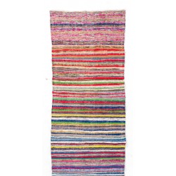 Narrow and Long Vintage Turkish Striped Cotton Runner Kilim "Flat-Weave" for Hallway Decor. 3.7 x 24.6 Ft (110 x 747 cm)