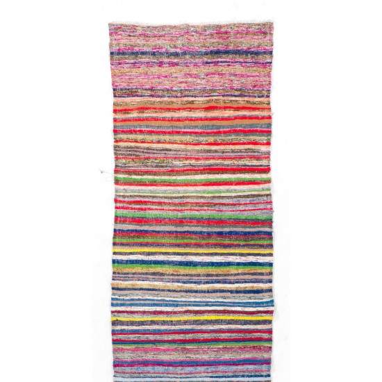Narrow and Long Vintage Turkish Striped Cotton Runner Kilim "Flat-Weave" for Hallway Decor. 3.7 x 24.6 Ft (110 x 747 cm)