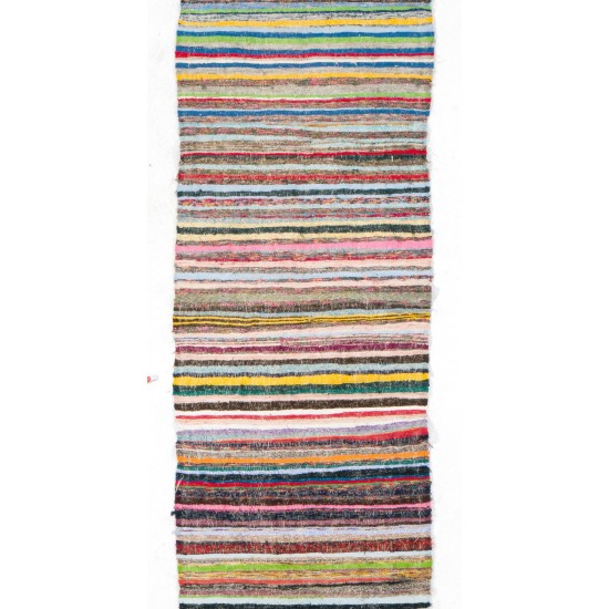Narrow and Long Vintage Turkish Striped Cotton Runner Kilim "Flat-Weave" for Hallway Decor. 3.7 x 24.6 Ft (110 x 747 cm)