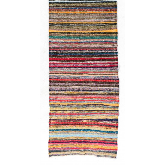 Narrow and Long Vintage Turkish Striped Cotton Runner Kilim "Flat-Weave" for Hallway Decor. 3.7 x 24.6 Ft (110 x 747 cm)