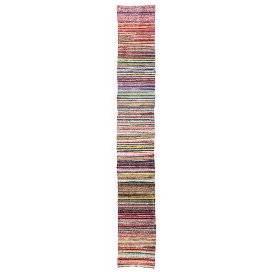 Narrow and Long Vintage Turkish Striped Cotton Runner Kilim "Flat-Weave" for Hallway Decor. 3.7 x 24.6 Ft (110 x 747 cm)