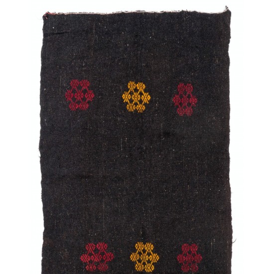 Handwoven Vintage Turkish Runner Kilim 'Flat-weave', Natural Black Goat Wool Kilim. 3.8 x 10.4 Ft (115 x 315 cm)