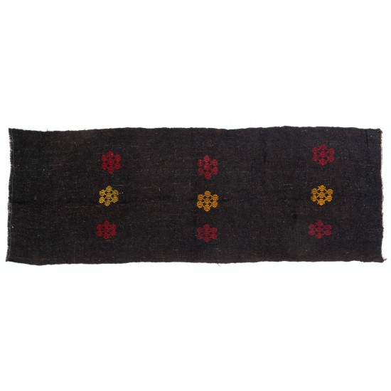 Handwoven Vintage Turkish Runner Kilim 'Flat-weave', Natural Black Goat Wool Kilim. 3.8 x 10.4 Ft (115 x 315 cm)