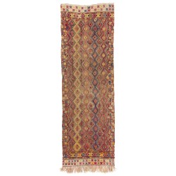 Hand-Woven Turkish "Jijim" Kilim, Flat Weave Wool Hallway Runner. 4.2 x 12.4 Ft (125 x 375 cm)