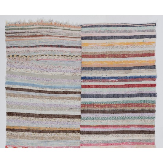 Striped Design Rag Rug, Colorful Vintage Turkish Kilim. 4.3 x 7.3 Ft (130 x 220 cm)