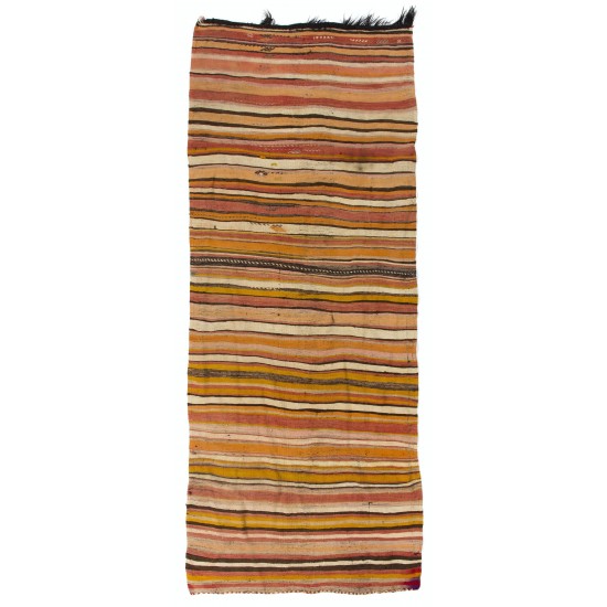 Handwoven Vintage Wool Kilim from Turkey. Striped Double Sided Hallway Runner. 4.3 x 10.4 Ft (130 x 315 cm)