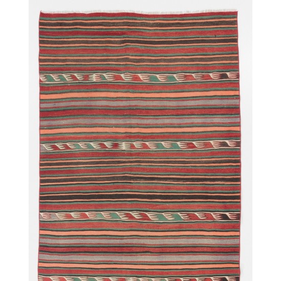 Handwoven Vintage Wool Kilim from Turkey. Striped Double Sided Hallway Runner. 4.3 x 11.4 Ft (130 x 345 cm)
