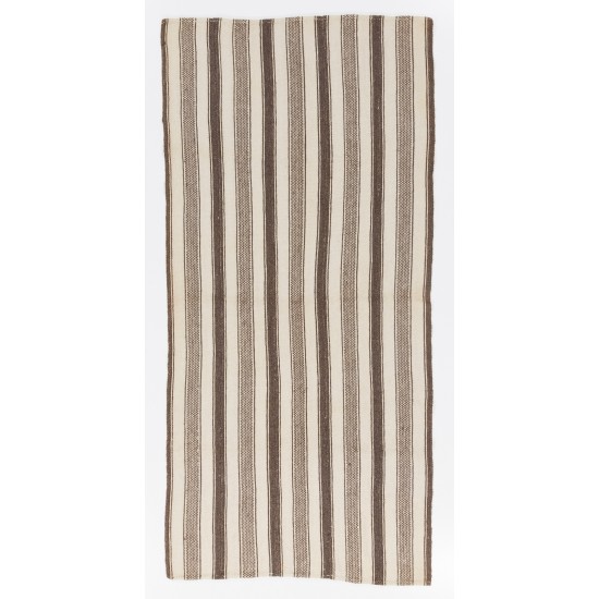 20th Century Striped Vintage Handmade Turkish Kilim Made of Natural Beige and Brown Wool. 4.4 x 9.2 Ft (133 x 278 cm)
