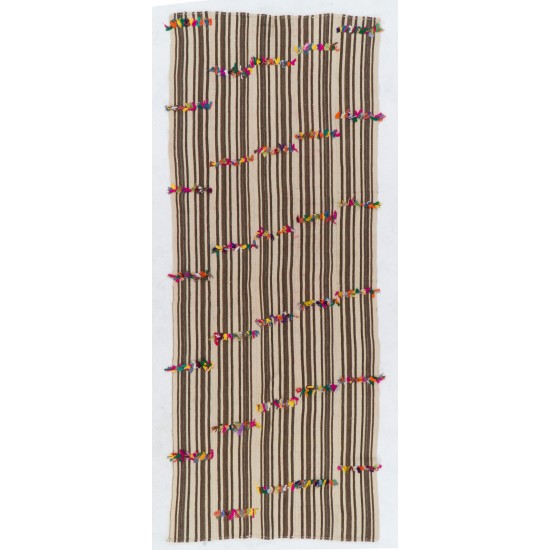 Turkish Kilim "Flat-Weave", Handwoven Vintage Rug with Striped Design. 4.5 x 11.2 Ft (135 x 340 cm)