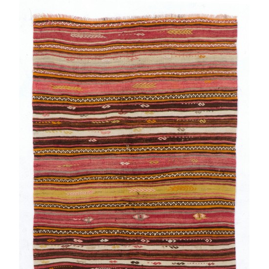 Handwoven Turkish Kilim Made of Wool, Vintage Stiped Rug. 4.6 x 7.5 Ft (140 x 228 cm)