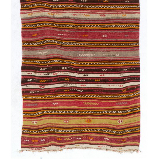 Handwoven Turkish Kilim Made of Wool, Vintage Stiped Rug. 4.6 x 7.5 Ft (140 x 228 cm)