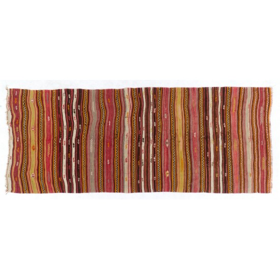 Handwoven Turkish Kilim Made of Wool, Vintage Stiped Rug. 4.6 x 7.5 Ft (140 x 228 cm)