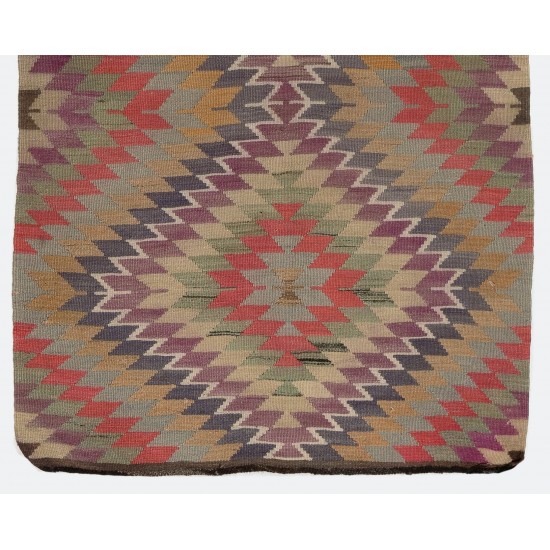 Double Sided Vintage Handmade Kilim from Turkey, Geometric Pattern Wool Rug. 4.6 x 11 Ft (140 x 333 cm)