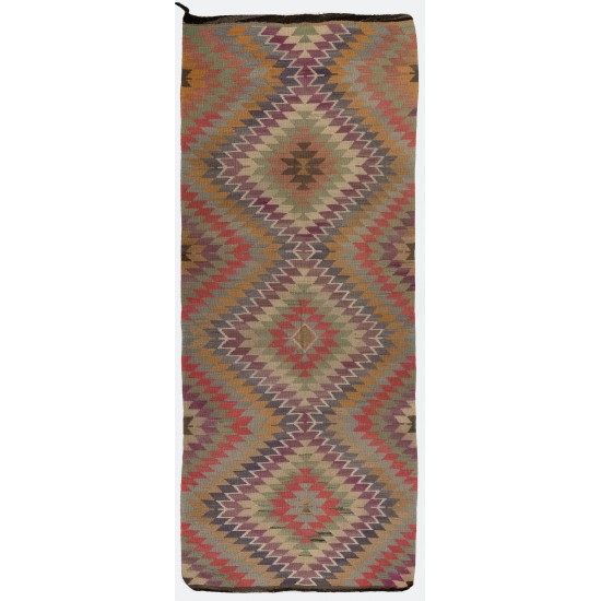 Double Sided Vintage Handmade Kilim from Turkey, Geometric Pattern Wool Rug. 4.6 x 11 Ft (140 x 333 cm)