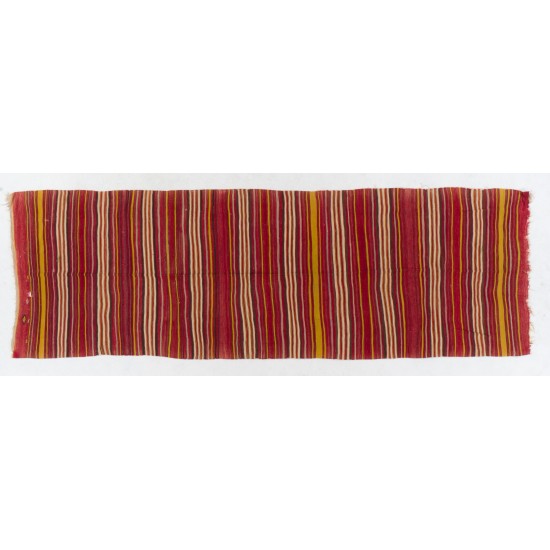 Colorful Nomadic Handwoven Vintage Turkish Wool Kilim. Striped Hallway Runner (Reversible). 4.6 x 14.3 Ft (140 x 435 cm)