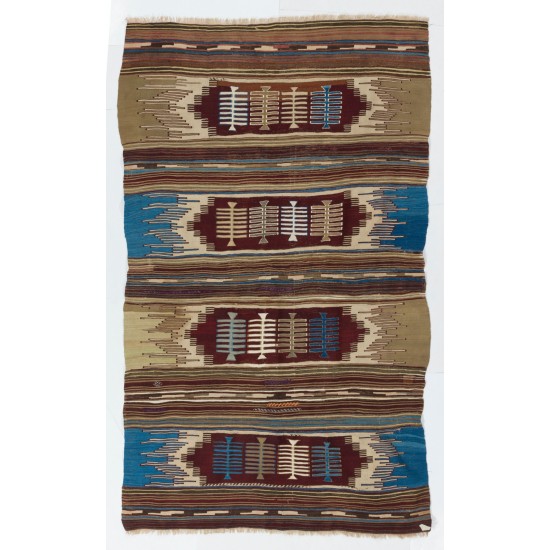 Handwoven Turkish Kilim Made of Wool, Vintage Stiped & Geometric Pattern Rug. 4.7 x 7.7 Ft (142 x 233 cm)