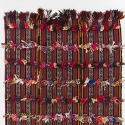 Handmade Turkish Kilim Rug with Colorful Poms. Tribal Style Bed Cover & Wall Hanging. 4.7 x 8.4 Ft (142 x 253 cm)