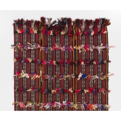 Handmade Turkish Kilim Rug with Colorful Poms. Tribal Style Bed Cover & Wall Hanging. 4.7 x 8.4 Ft (142 x 253 cm)
