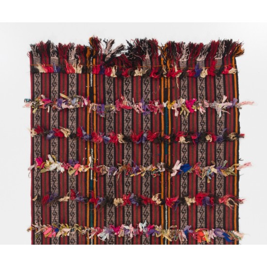Handmade Turkish Kilim Rug with Colorful Poms. Tribal Style Bed Cover & Wall Hanging. 4.7 x 8.4 Ft (142 x 253 cm)