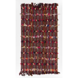 Handmade Turkish Kilim Rug with Colorful Poms. Tribal Style Bed Cover & Wall Hanging. 4.7 x 8.4 Ft (142 x 253 cm)