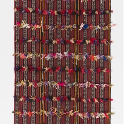 Handmade Turkish Kilim Rug with Colorful Poms. Tribal Style Bed Cover & Wall Hanging. 4.7 x 8.4 Ft (142 x 253 cm)