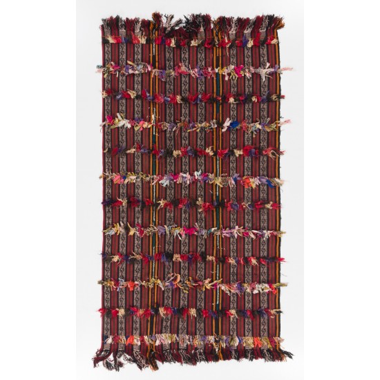 Handmade Turkish Kilim Rug with Colorful Poms. Tribal Style Bed Cover & Wall Hanging. 4.7 x 8.4 Ft (142 x 253 cm)