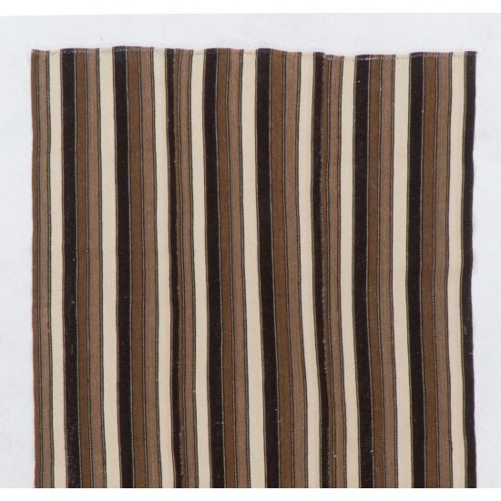 Turkish Vintage Kilim with Vertical Bands, Cream and Brown Colors Rug Made of %100 Natural Un-Dyed Wool. 4.7 x 9.2 Ft (143 x 278 cm)