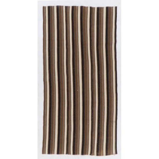 Turkish Vintage Kilim with Vertical Bands, Cream and Brown Colors Rug Made of %100 Natural Un-Dyed Wool. 4.7 x 9.2 Ft (143 x 278 cm)