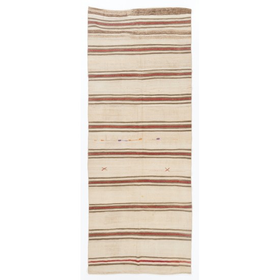 Handwoven Vintage Anatolian Kilim Made of Wool. Striped Hallway Runner (Reversible). 4.7 x 11.9 Ft (143 x 362 cm)