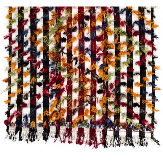 Handmade Turkish Kilim Rug with Colorful Poms. Tribal Style Bed Cover & Wall Hanging. 4.8 x 9 Ft (144 x 277 cm)