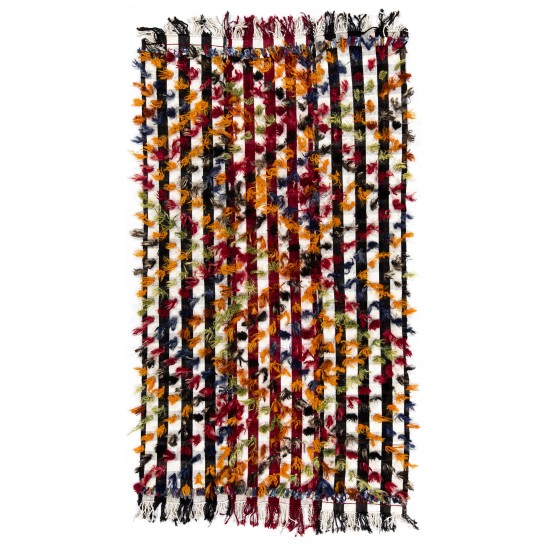 Handmade Turkish Kilim Rug with Colorful Poms. Tribal Style Bed Cover & Wall Hanging. 4.8 x 9 Ft (144 x 277 cm)