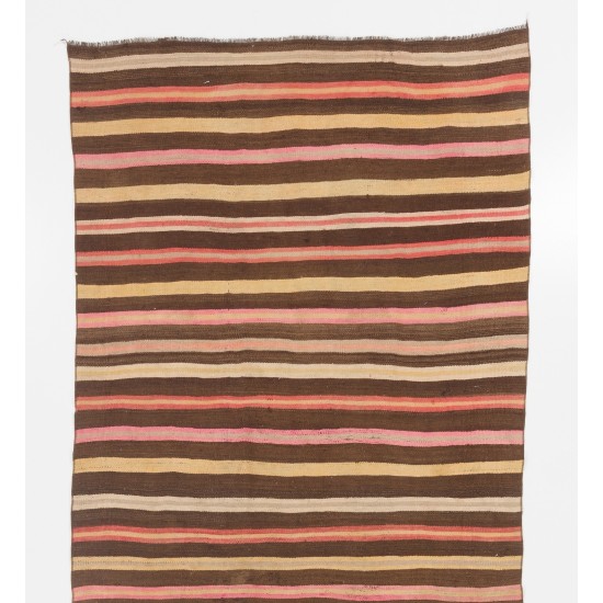 Multicolored Vintage Handwoven Turkish Wool Kilim. Striped Hallway Runner (Reversible). 4.8 x 11.6 Ft (145 x 353 cm)