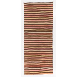 Multicolored Vintage Handwoven Turkish Wool Kilim. Striped Hallway Runner (Reversible). 4.8 x 11.6 Ft (145 x 353 cm)