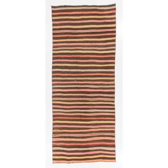 Multicolored Vintage Handwoven Turkish Wool Kilim. Striped Hallway Runner (Reversible). 4.8 x 11.6 Ft (145 x 353 cm)
