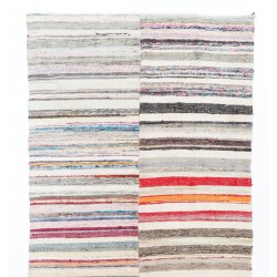 Vintage Cotton Rag Rug. Flat-Weave Kilim. Reversible Floor Covering. 4.9 x 11.2 Ft (148 x 340 cm)