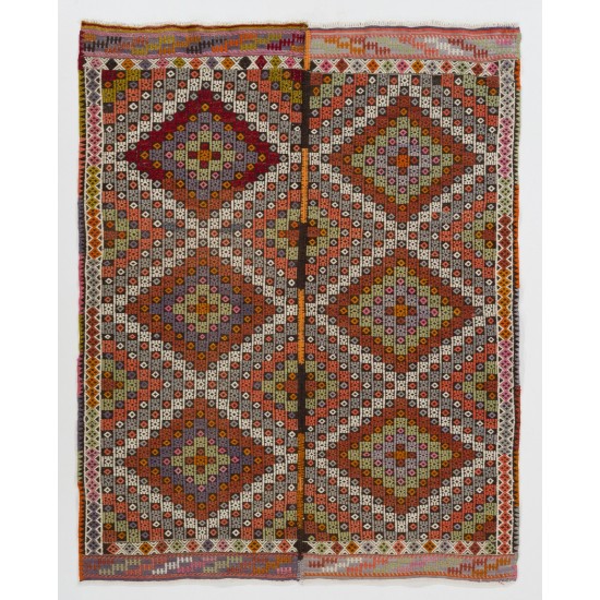 Colorful Vintage Handmade Central Anatolian Kilim Rug with Diamond Patterns. 5 x 6.3 Ft (150 x 190 cm)