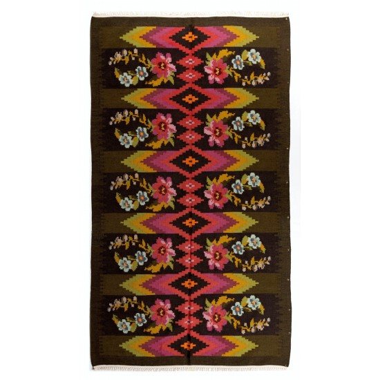 Bessarabian Vintage Hand-Woven Moldovian Wool Kilim, Unique Floral Pattern 50 years old Kilim Rug. 5 x 8.7 Ft (150 x 265 cm)