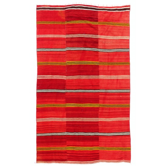 Vintage Handmade Turkish Kilim Rug with Stiped Design in Red color. 5 x 8.4 Ft (152 x 255 cm)