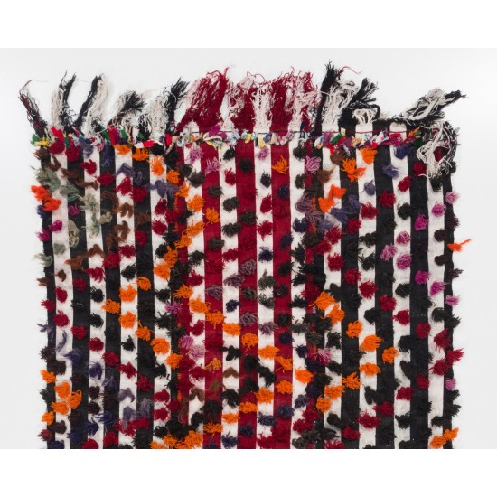 Striped Handmade Turkish Kilim Rug with Colorful Poms. Tribal Style Bed Cover & Wall Hanging. 5 x 7.5 Ft (153 x 228 cm)