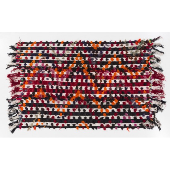 Striped Handmade Turkish Kilim Rug with Colorful Poms. Tribal Style Bed Cover & Wall Hanging. 5 x 7.5 Ft (153 x 228 cm)