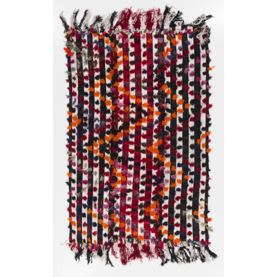 Striped Handmade Turkish Kilim Rug with Colorful Poms. Tribal Style Bed Cover & Wall Hanging. 5 x 7.5 Ft (153 x 228 cm)